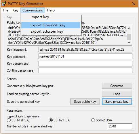 點擊菜單Conversions->Export OpenSSH Key
